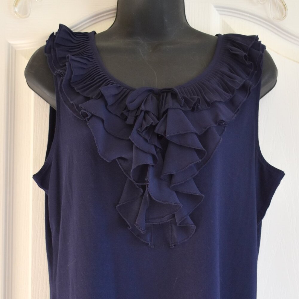 LAUREN RALPH LAUREN WOMEN'S SLEEVELESS NAVY BLUE RAYON RUFFLE BLOUSE LARGE, NWT